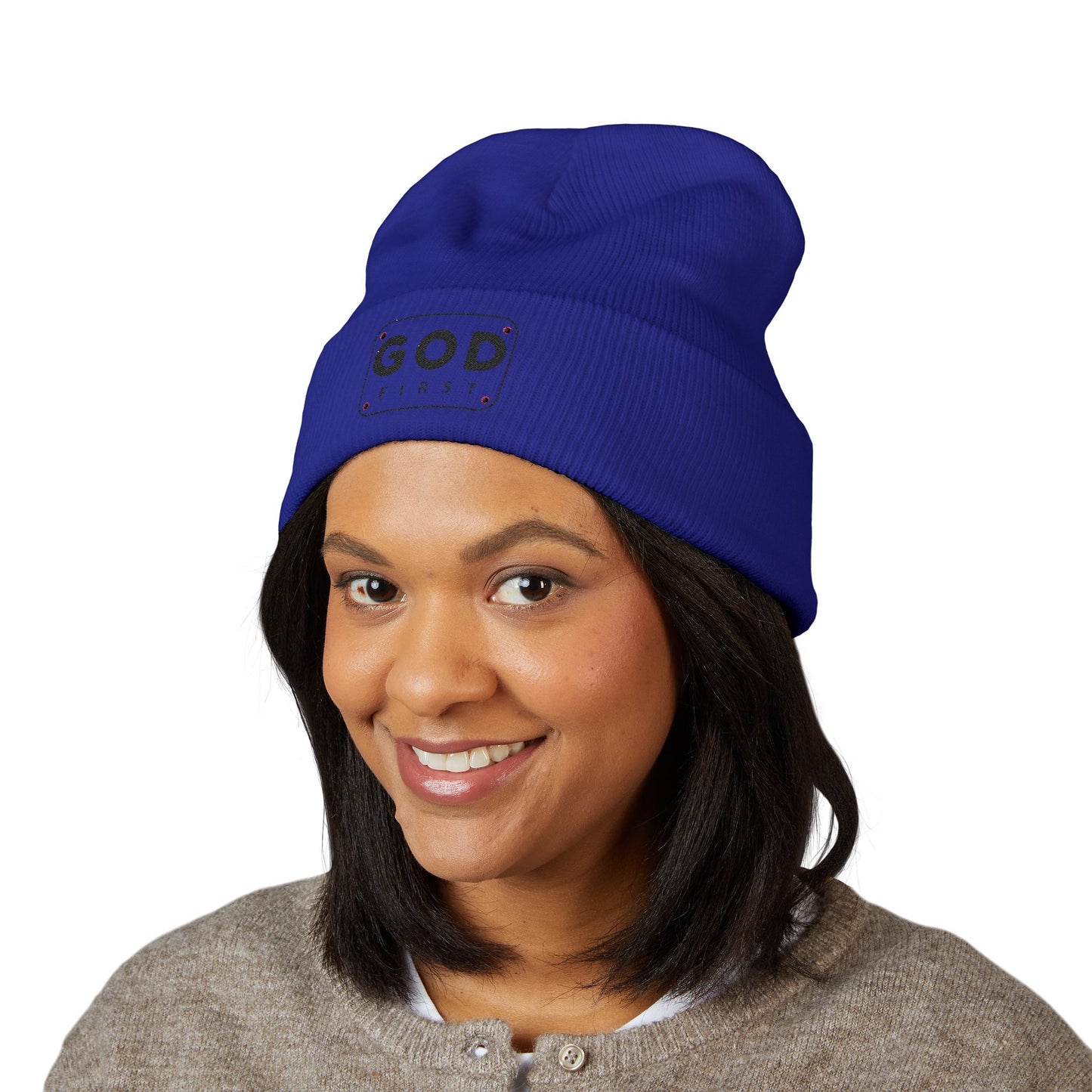 God First Embroidered Cuffed Beanie Faith-Inspired Winter Hat