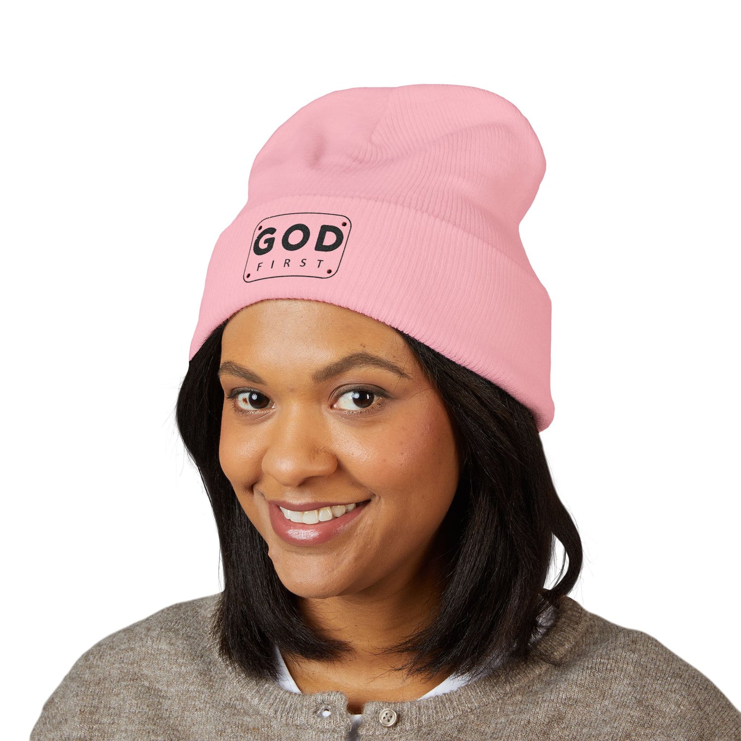 God First Embroidered Cuffed Beanie Faith-Inspired Winter Hat