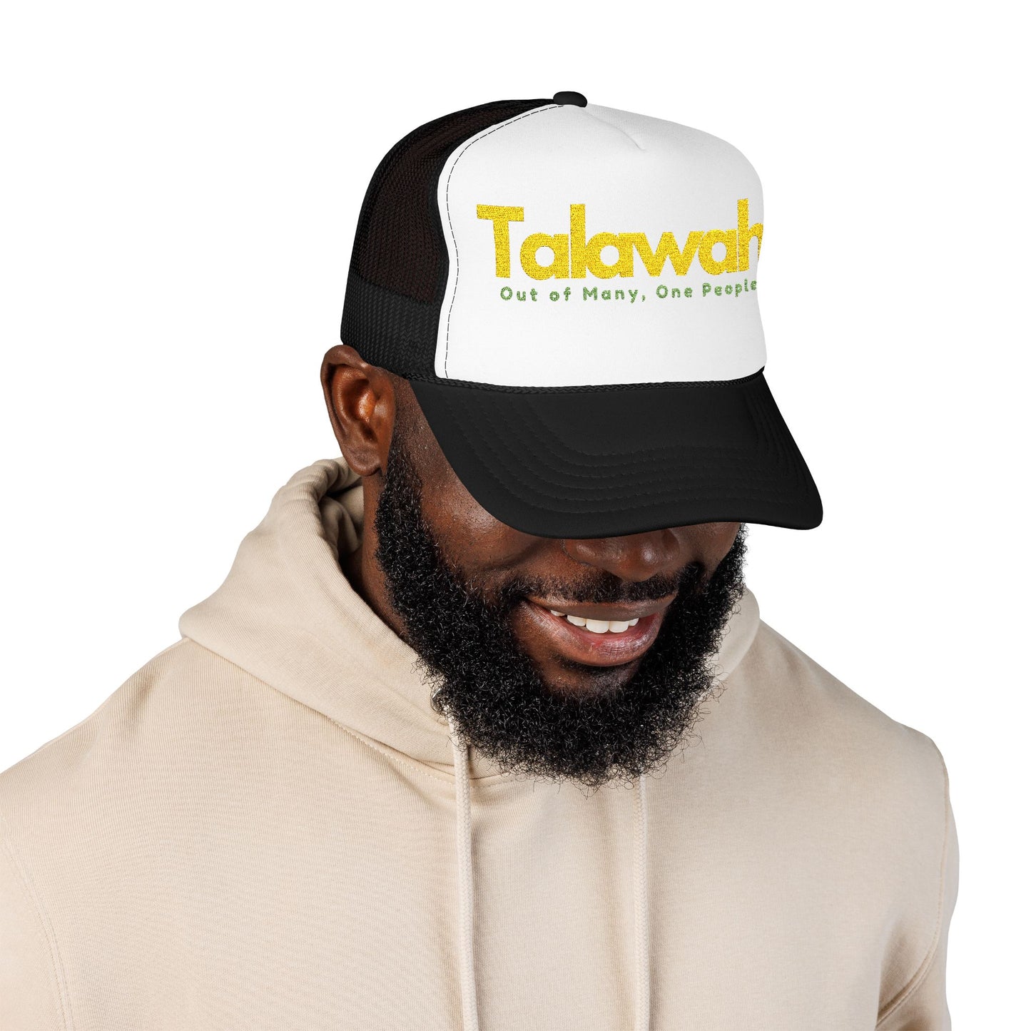 Talawah Embroidered Trucker Hat Bold Yellow Script Foam Cap
