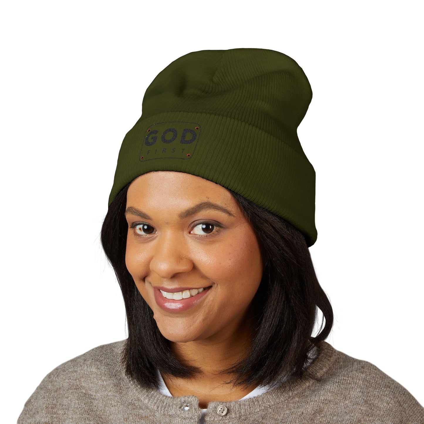 God First Embroidered Cuffed Beanie Faith-Inspired Winter Hat
