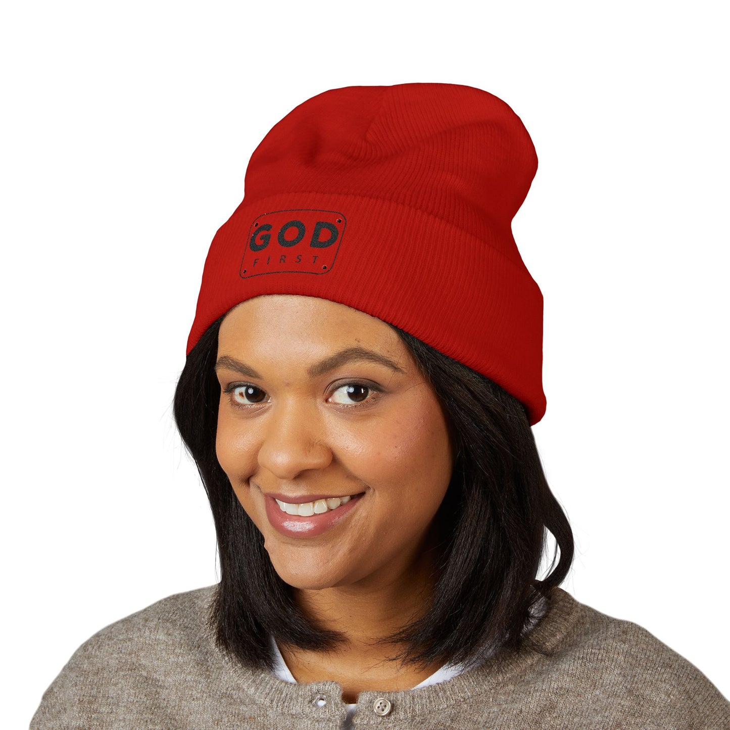 God First Embroidered Cuffed Beanie Faith-Inspired Winter Hat