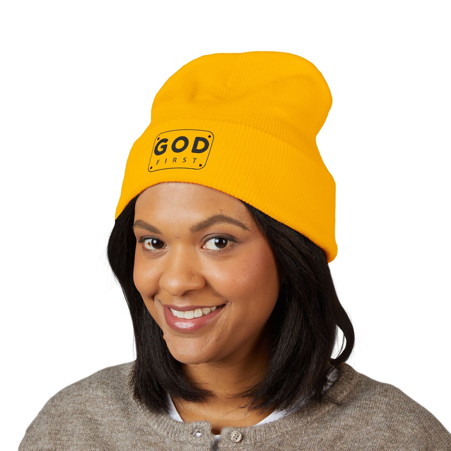 God First Embroidered Cuffed Beanie Faith-Inspired Winter Hat