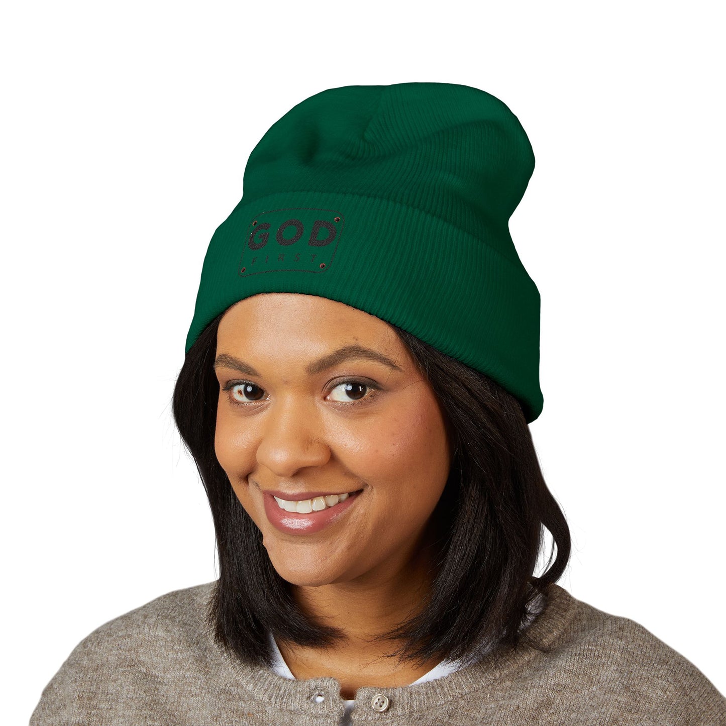God First Embroidered Cuffed Beanie Faith-Inspired Winter Hat