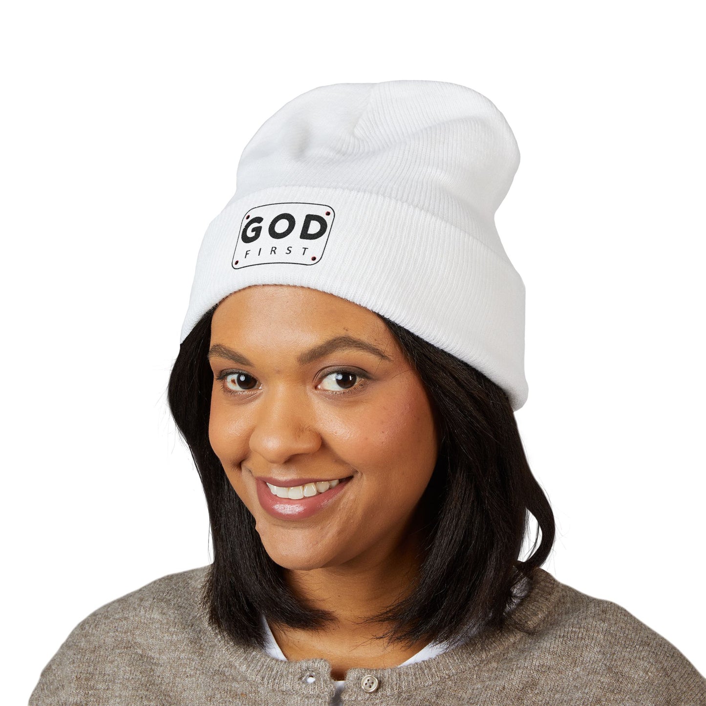 God First Embroidered Cuffed Beanie Faith-Inspired Winter Hat