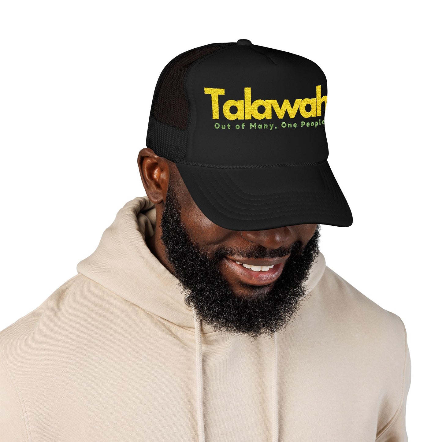 Talawah Embroidered Trucker Hat Bold Yellow Script Foam Cap